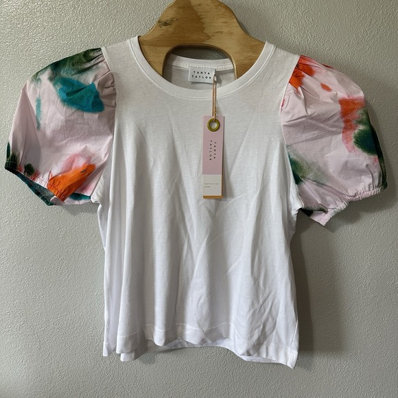 Tanya Taylor Tops - NEW Tanya Taylor Simone Top‎ Size Large White Watercolor Puff Short Sleeve
